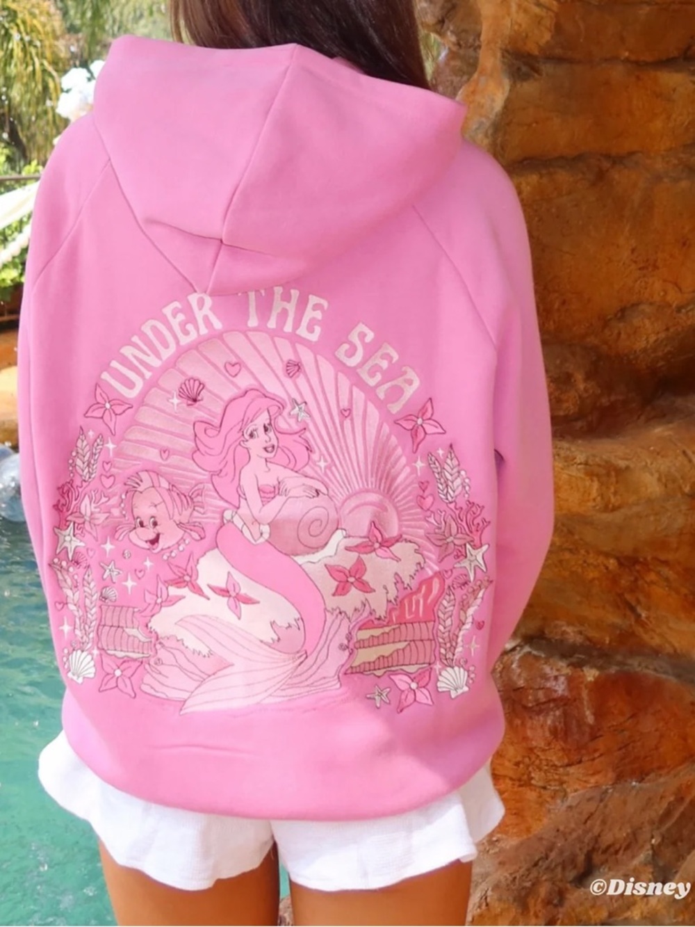 Pink Palm Puff Disney Under the Sea" Relaxed Hoodie in Seashell Pink (M)